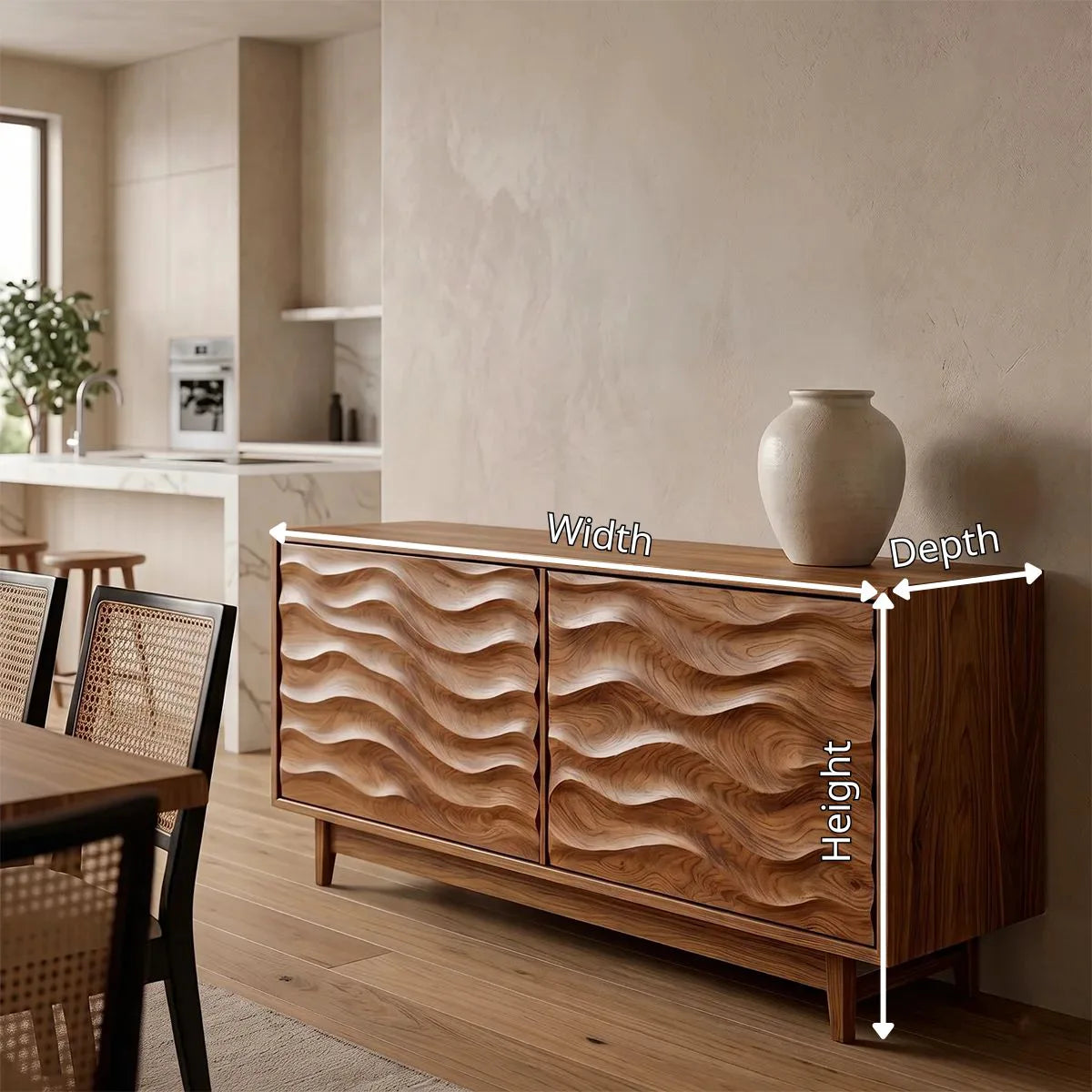 Wave Carved Solid Wood Sideboard | Modern Hardwood Storage Cabinet for Dining & Living Room TH003-6599