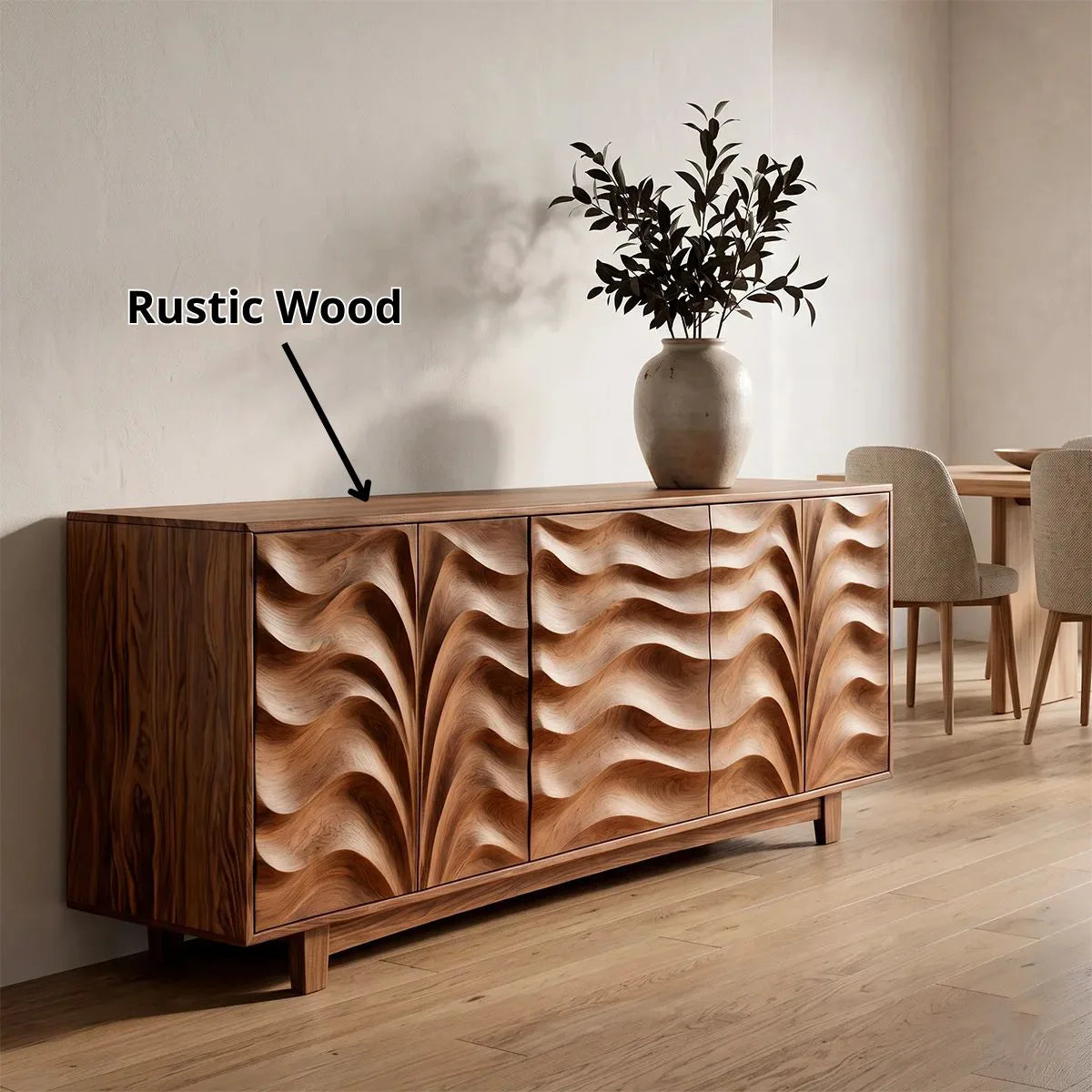 Carved Solid Wood Sideboard | Sculptural Hardwood Buffet Cabinet for Modern Dining Room TH003-5486