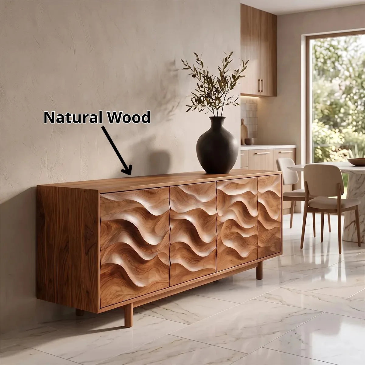 Wave Carved Solid Wood Sideboard | Modern Hardwood Buffet Cabinet for Dining & Living Room TH003-6641