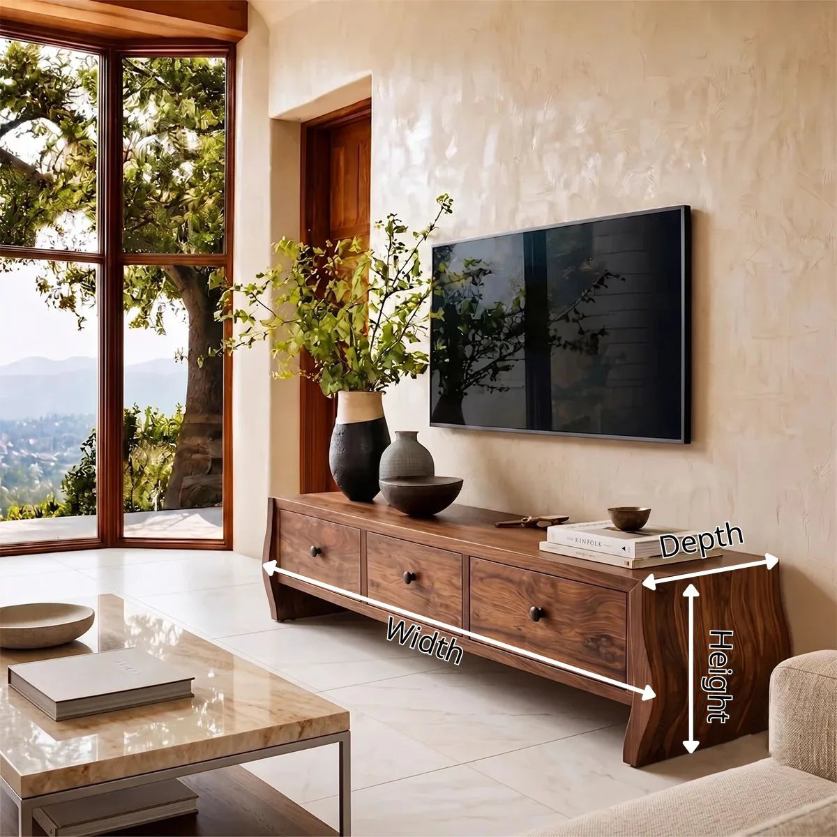 Modern TV Stand with 3 Drawers & Sculptural Curved Legs | Minimalist Media Console TH003-2IWI9LN