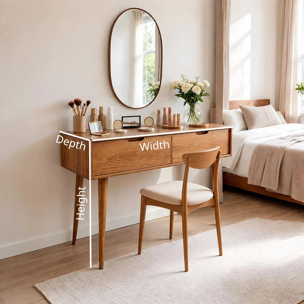 Minimalist Solid Wood Vanity Desk with Large Drawers and Oval Mirror