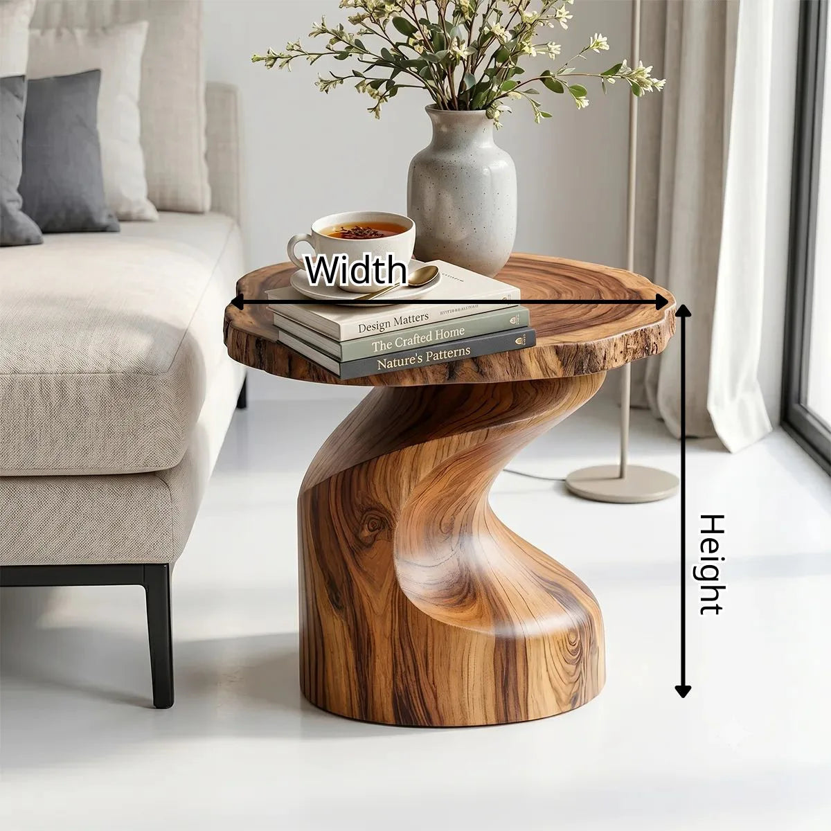 Sculptural Solid Wood Side Table, Live Edge Round End Table, Twisted Pedestal Accent Table TH003-9052
