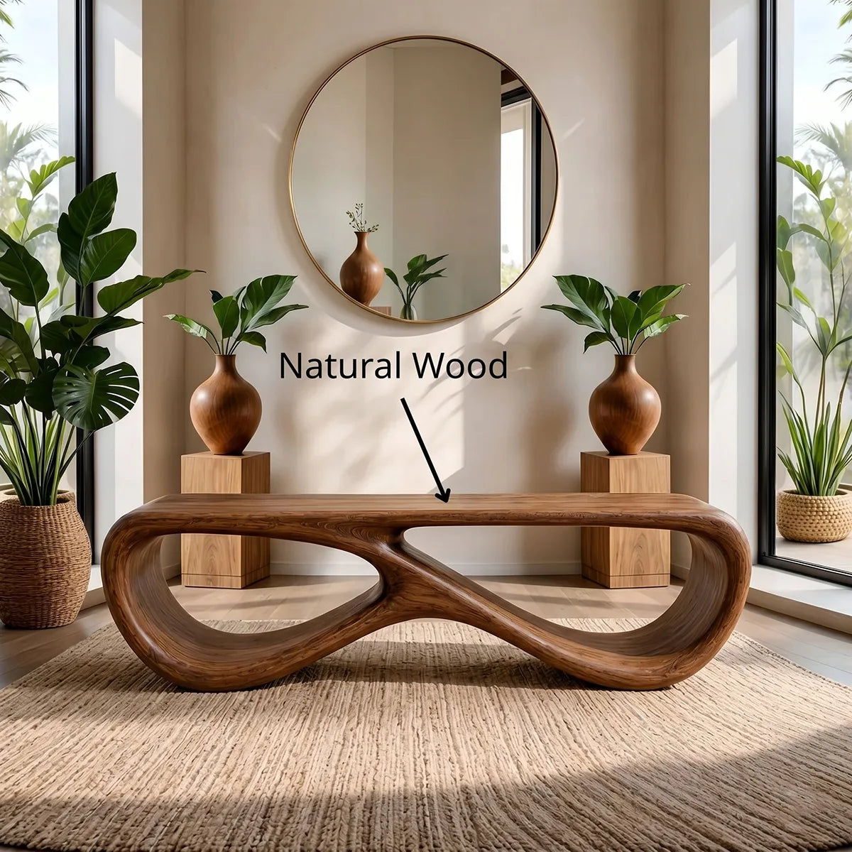 Organic Sculptural Solid Wood Bench for Modern Living Room and Entryway