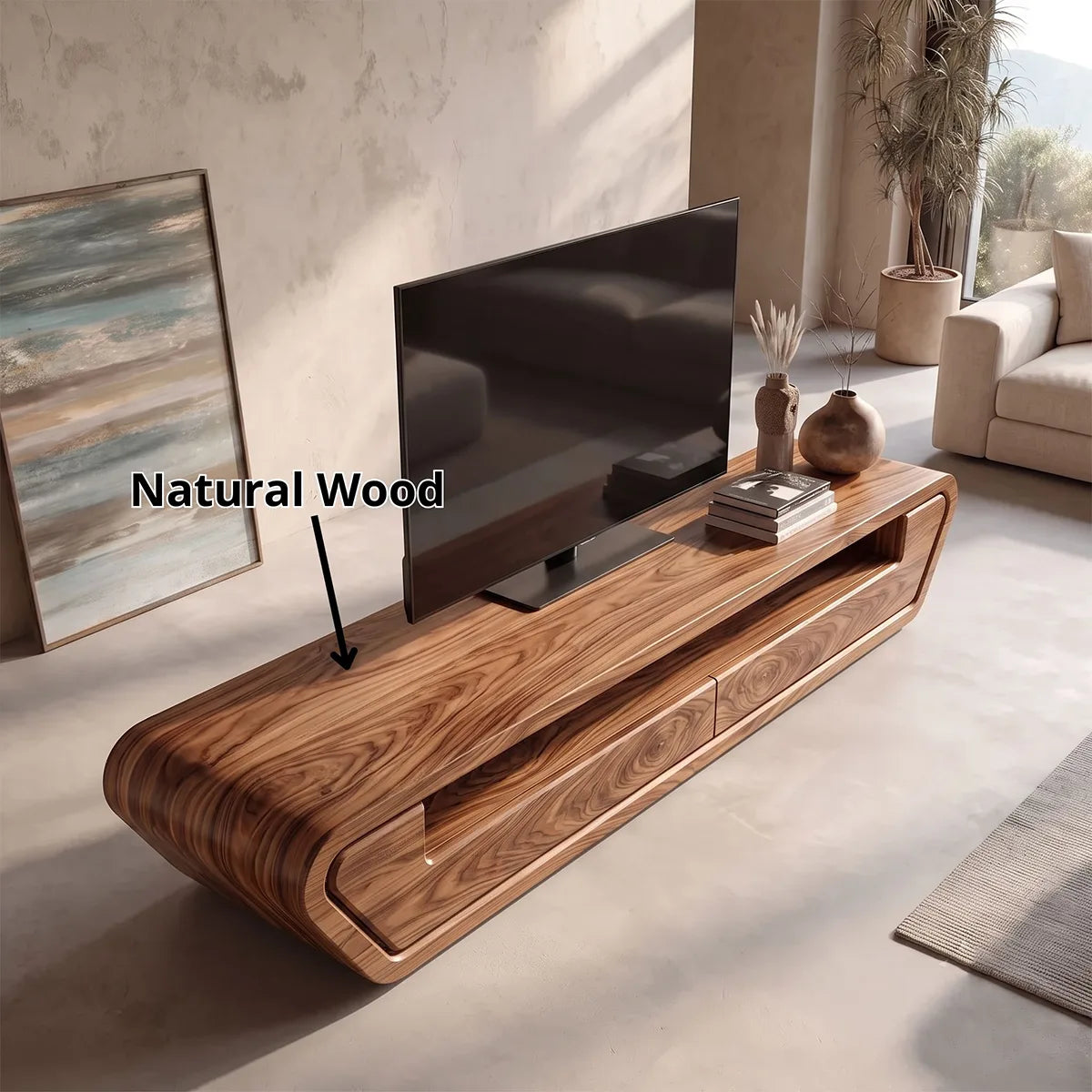 Modern Curved TV Stand with 2 Drawers & Open Media Shelf | Low Profile Entertainment Console TH003-4LAL5FE