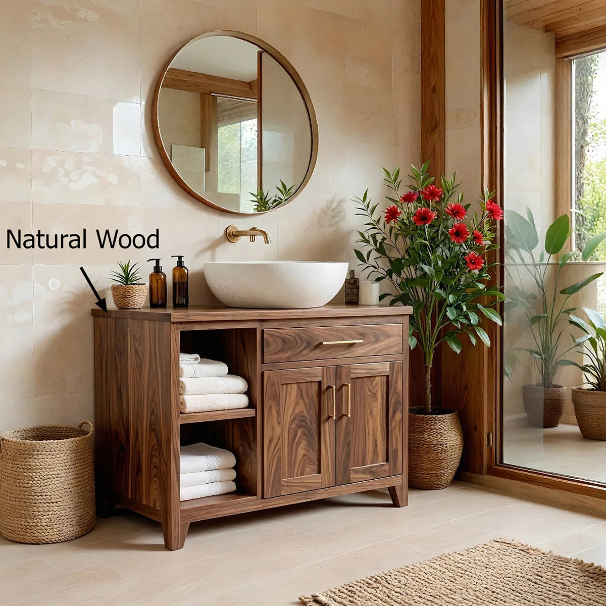Traditional Bathroom Vanity Cabinet with Storage in Natural Solid Wood
