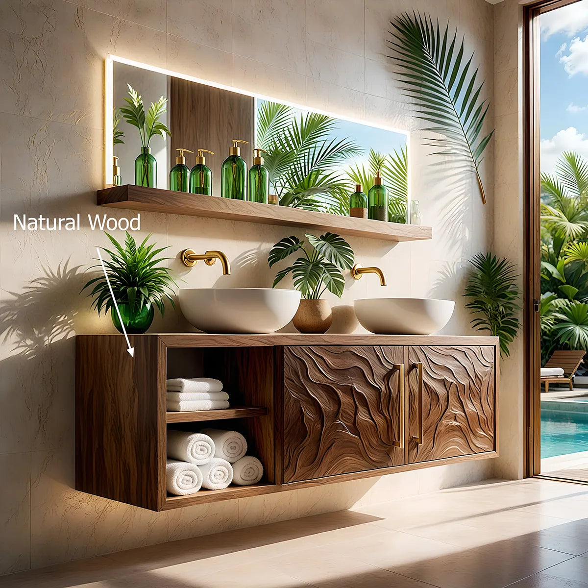 Handcrafted Solid Wood Floating Bathroom Vanity Cabinet with Carved Doors and Open Shelf