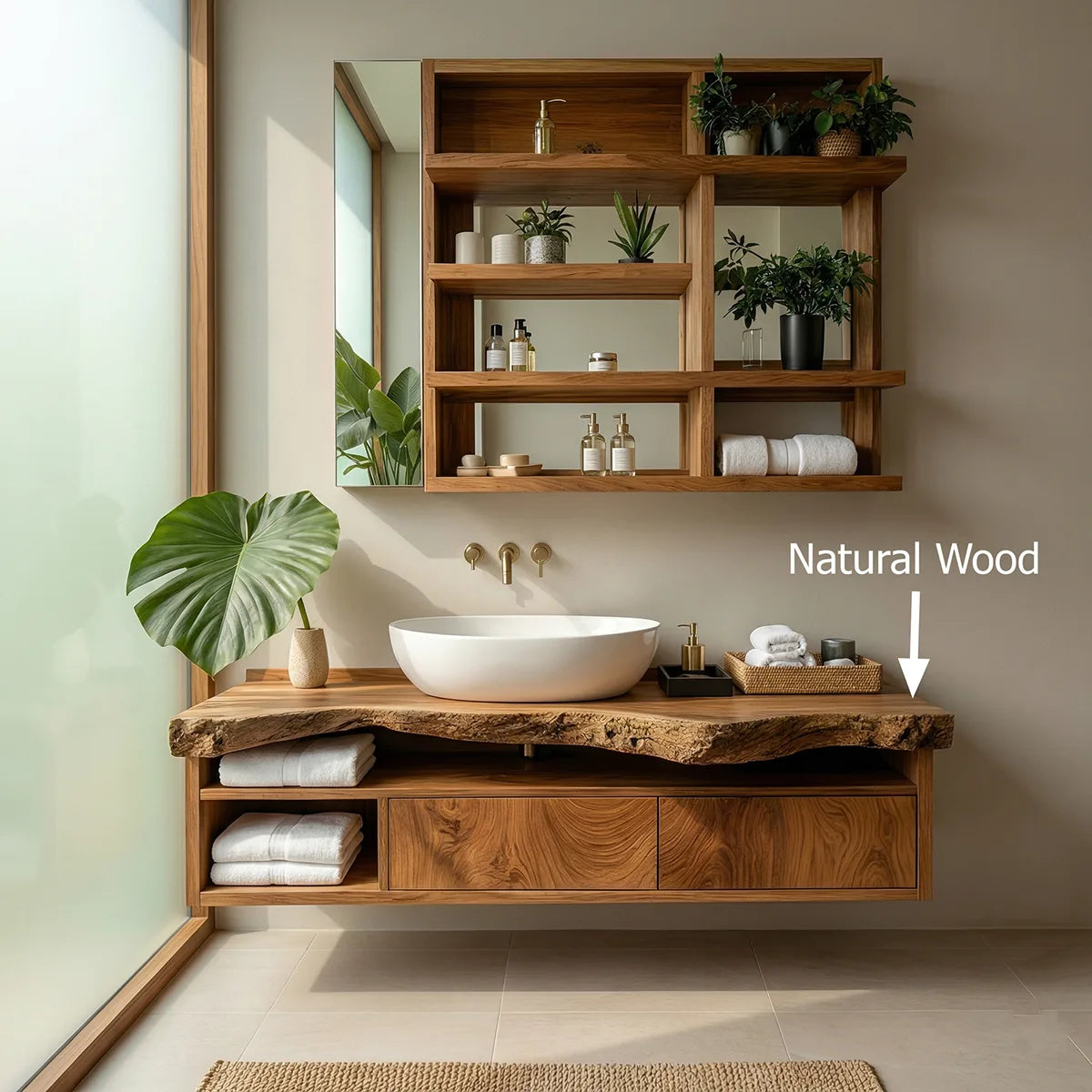 Floating Solid Wood Bathroom Vanity with Live Edge Top and Drawers