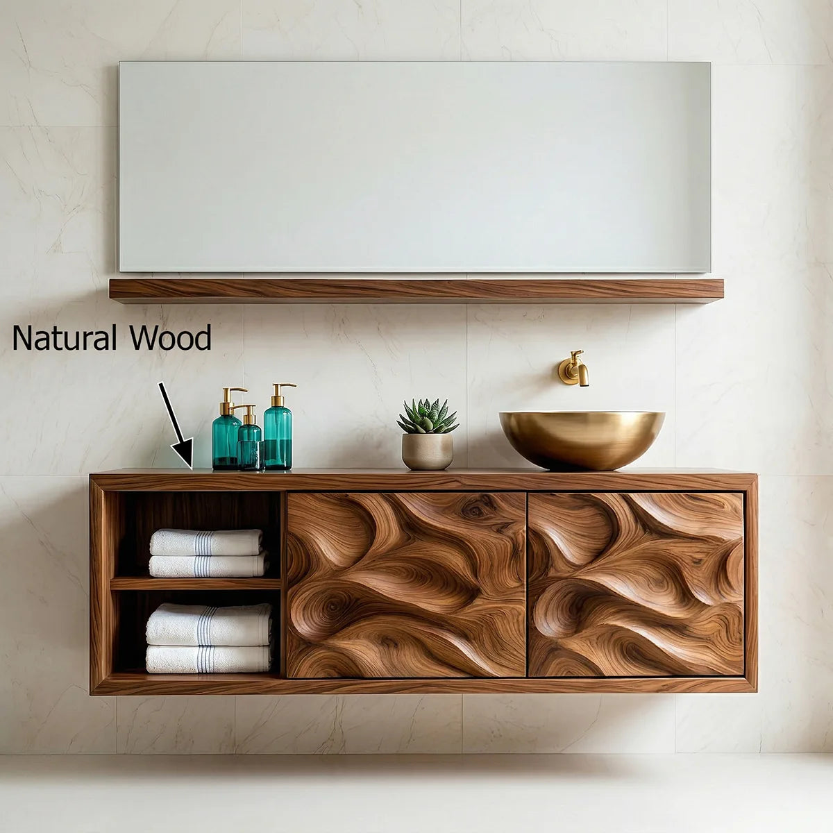 Handcrafted Natural Solid Wood Floating Vanity Cabinet with Carved Doors and Open Shelf