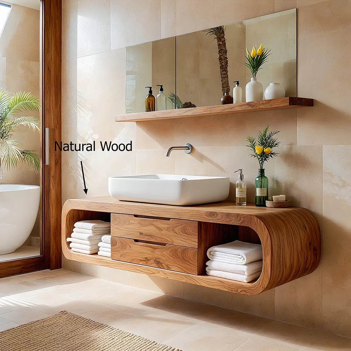 Handcrafted Curved Solid Wood Floating Vanity Cabinet with Drawers and Open Shelves