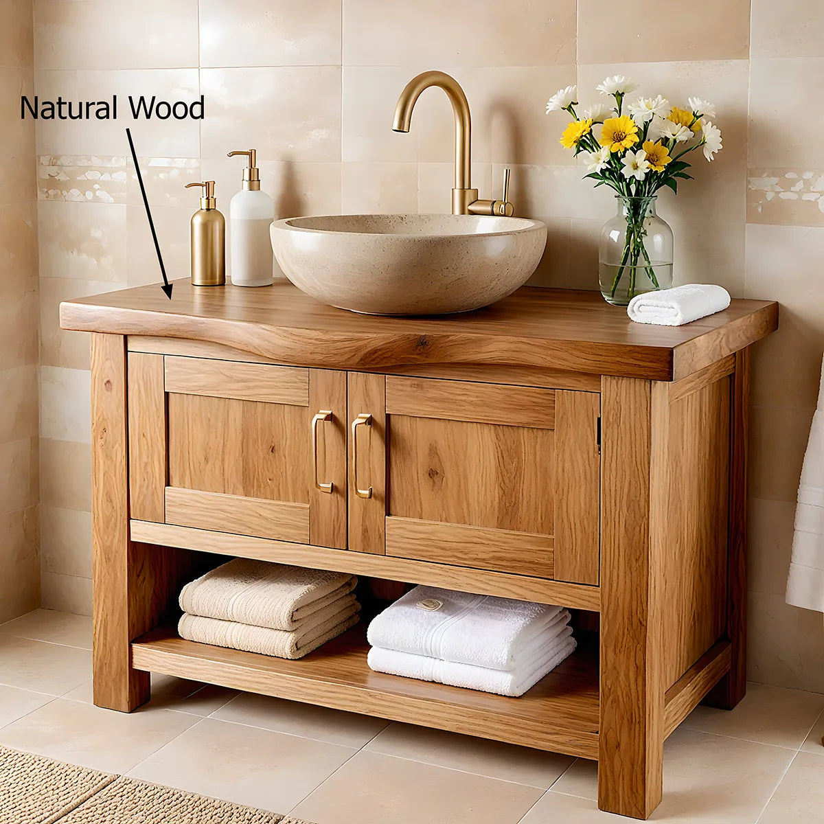 Handcrafted Natural Solid Wood Vanity Cabinet with Double Doors and Open Shelf