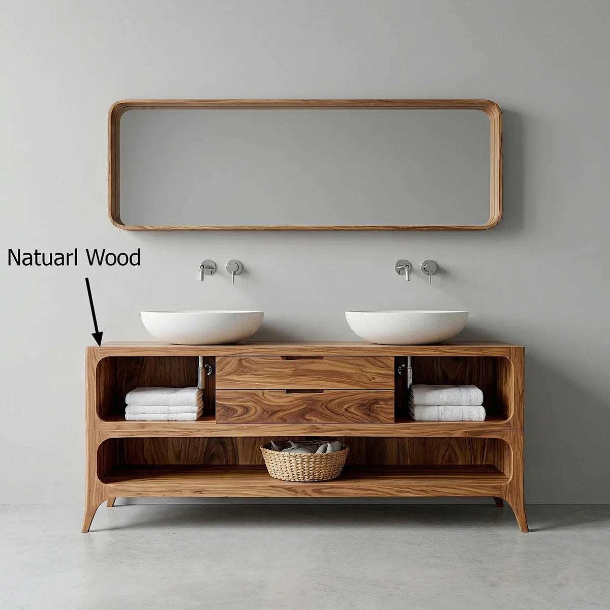 Handcrafted Natural Solid Wood Vanity Cabinet with Drawers and Open Shelves