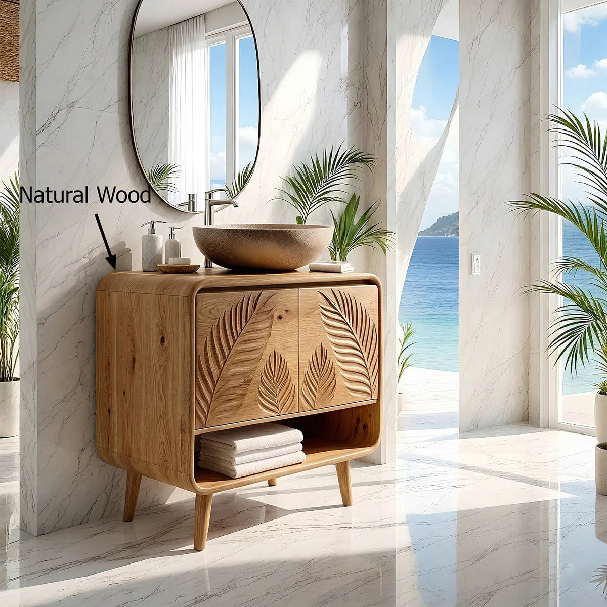Handcrafted Solid Wood Vanity Cabinet with Carved Doors and Open Shelf