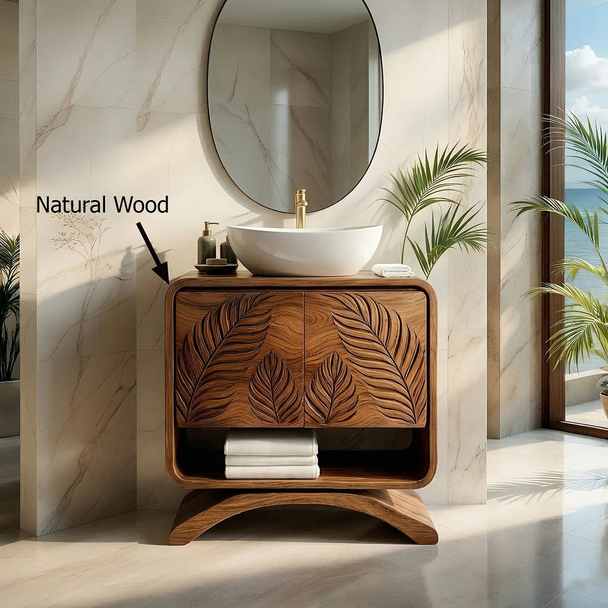Handcrafted Solid Wood Vanity Cabinet with Carved Doors