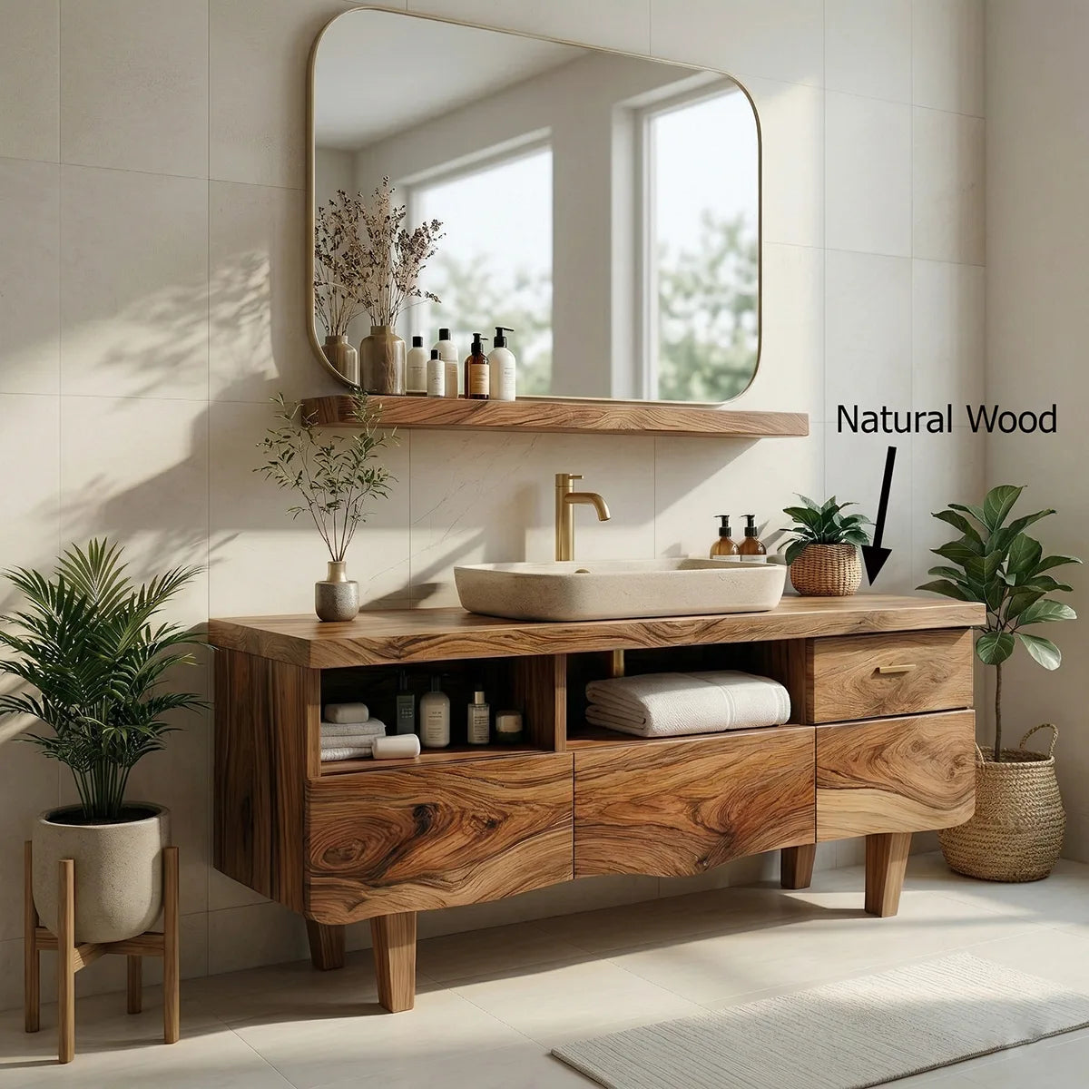 Contemporary Solid Wood Bathroom Vanity with Wave Front and Open Shelf