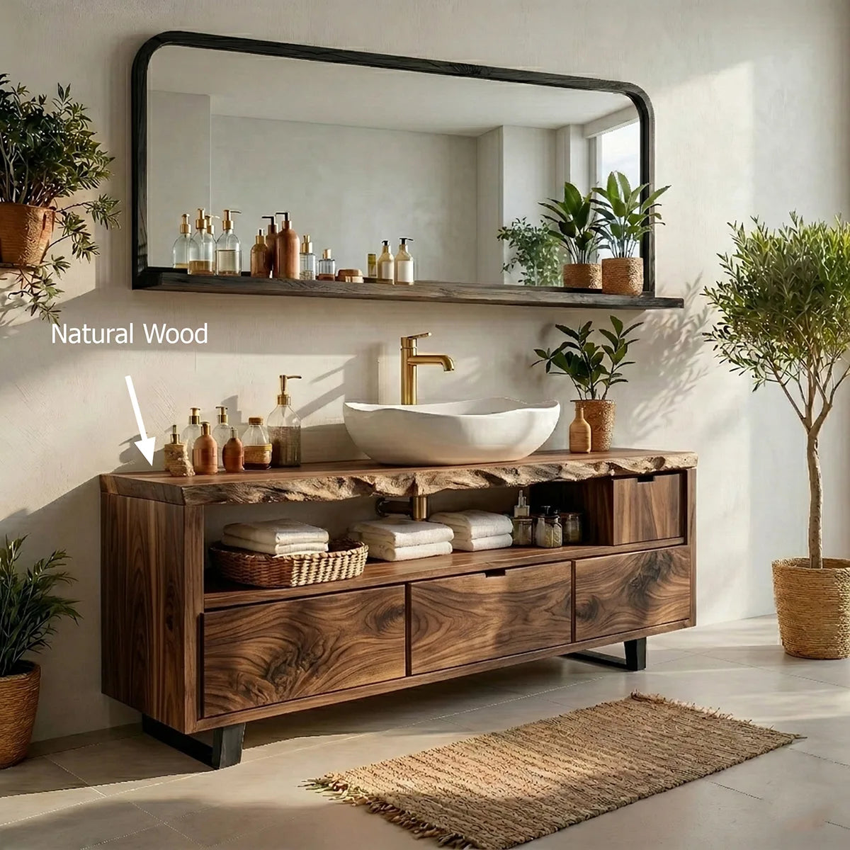 Rustic Natural Solid Wood Bathroom Vanity, Single Sink Wood Vanity with 3 Drawers & Open Shelf