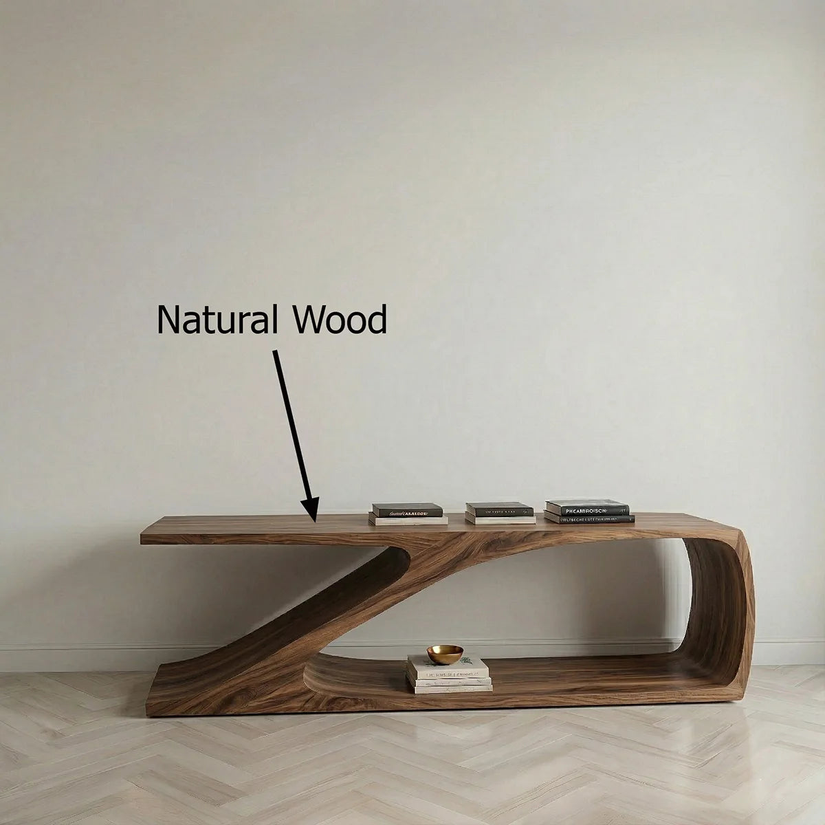 Solid Wood Sofa Console Table with Sculptural Curved Shelf Base