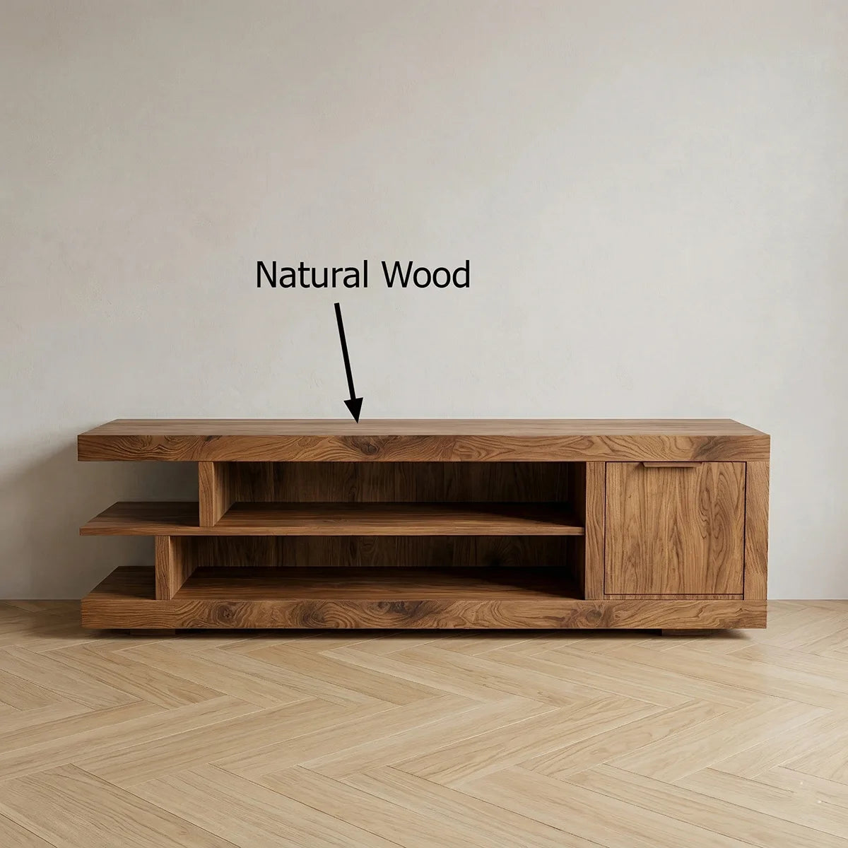 Solid Wood TV Cabinet with Open Shelves and Side Door Storage