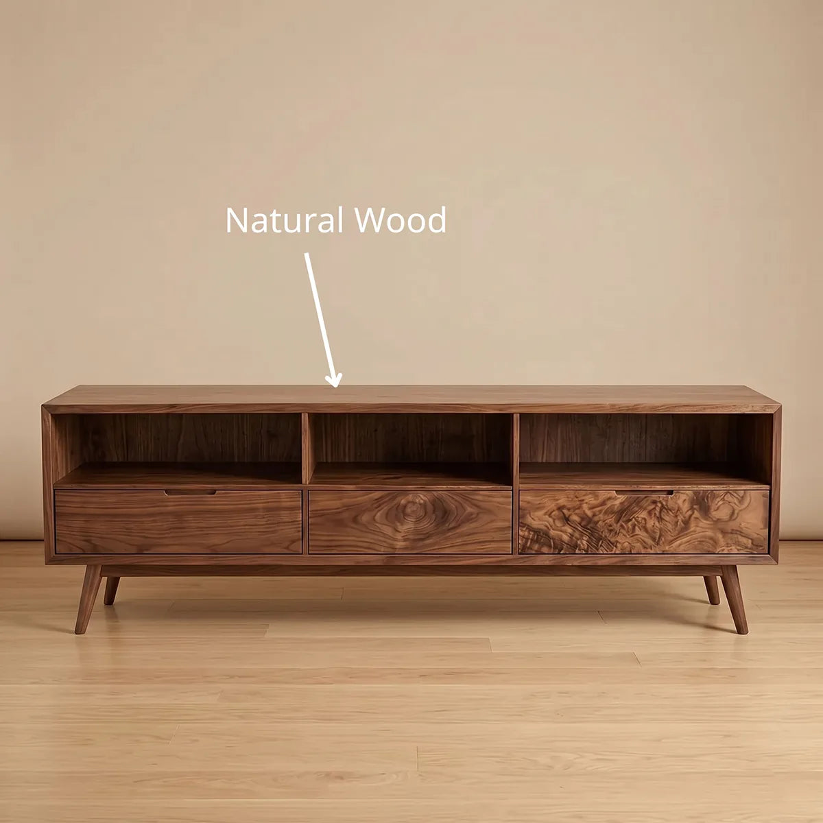 Mid Century TV Stand with Open Shelves and 3 Drawers