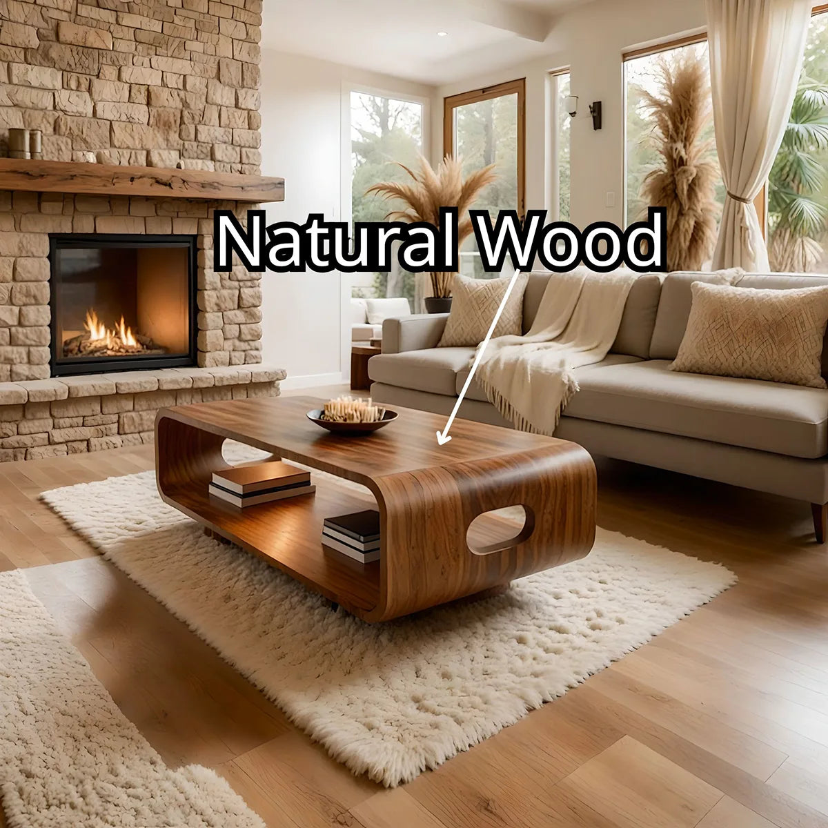 Modern Solid Wood Curved Coffee Table with Open Shelf and Side Cutouts