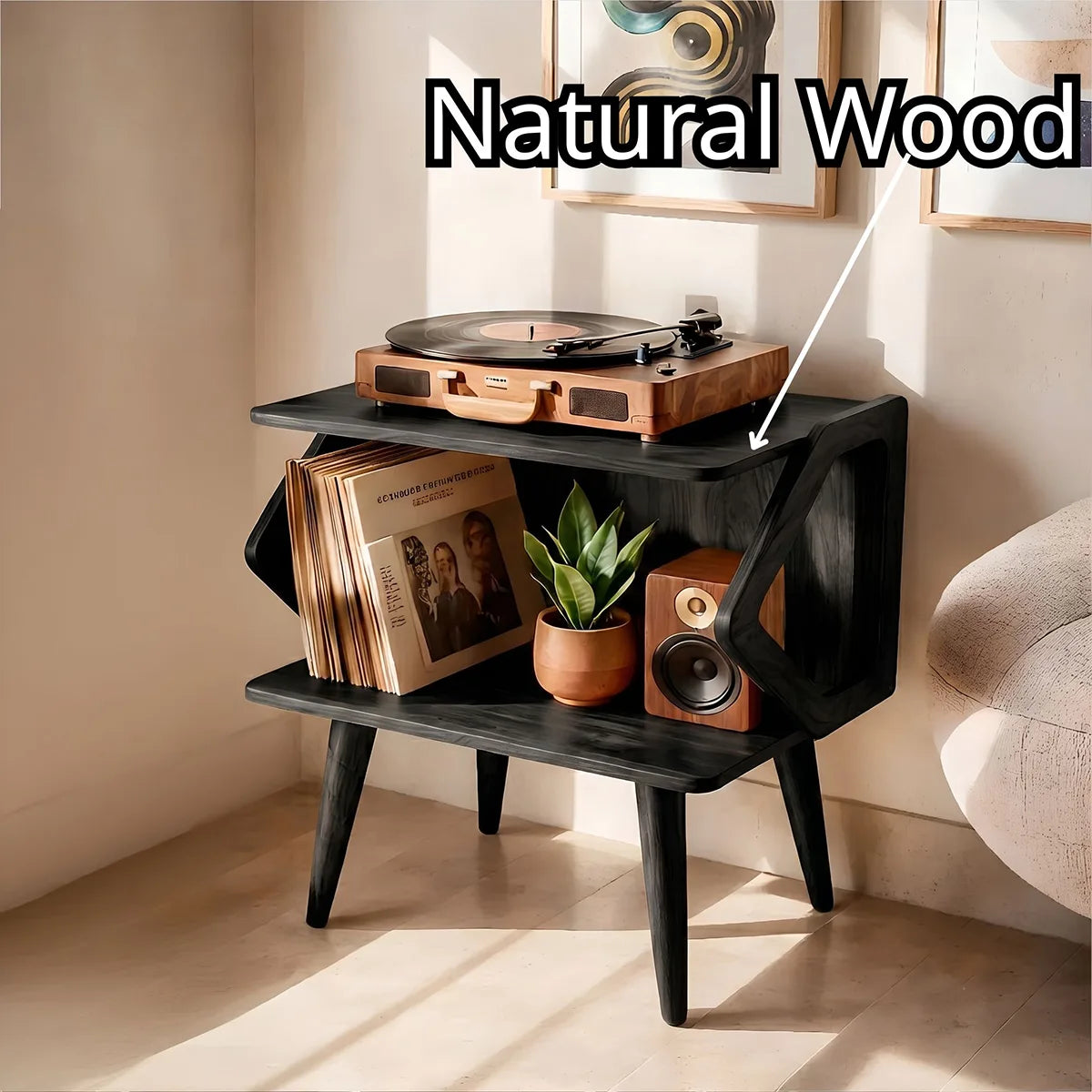 Mid Century Wooden Record Player Stand With Vinyl Storage