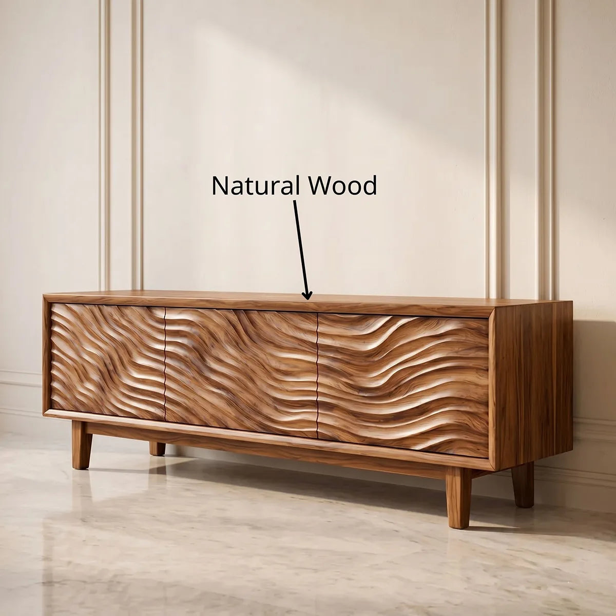 Modern Solid Wood Three Door Wavy Carved TV Stand