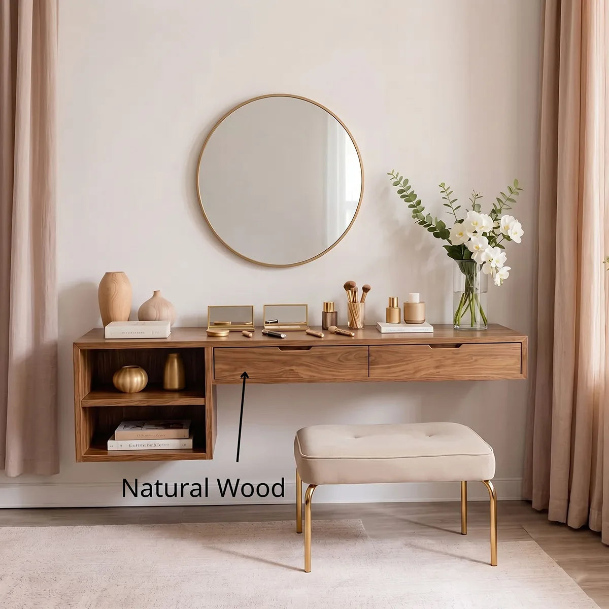 Floating Solid Wood Vanity Desk with Open Shelving and Storage Drawers