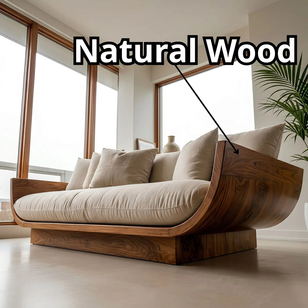 Handcrafted Organic Modern Solid Wood Lounge Sofa with Curved Frame