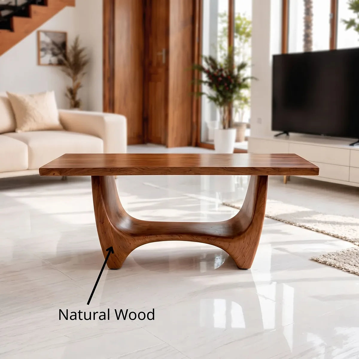 Modern Solid Wood Coffee Table with Sculptural Hourglass Base