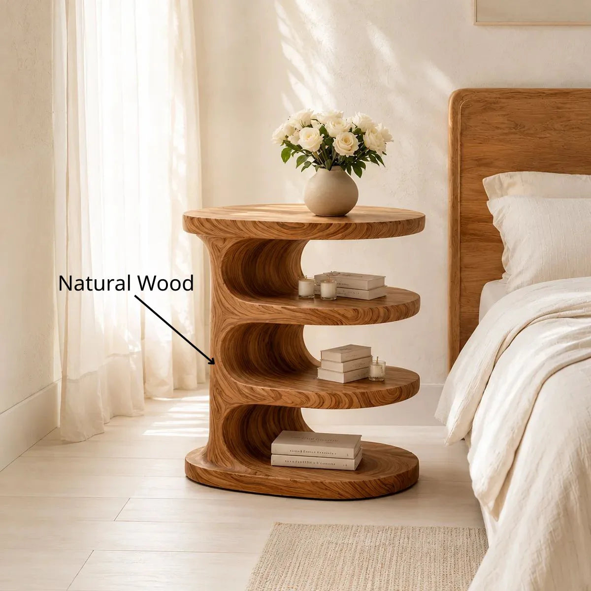 Handcrafted Solid Wood Round Nightstand Organic Open Shelf Bedside Table