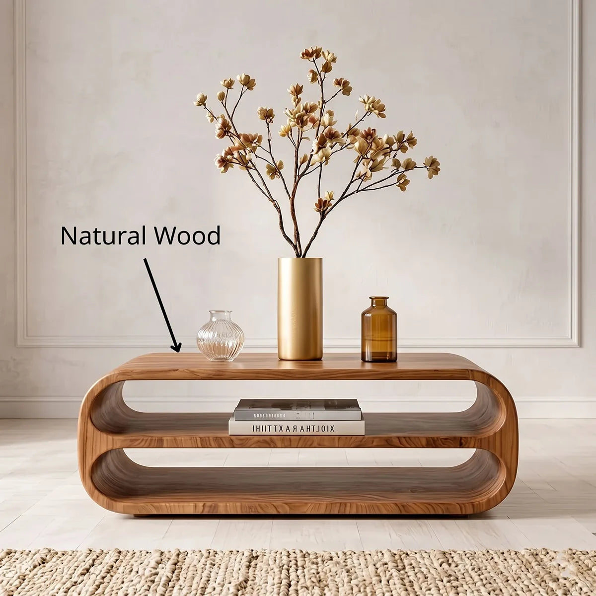 Modern Solid Wood Rounded Coffee Table with Double Open Storage