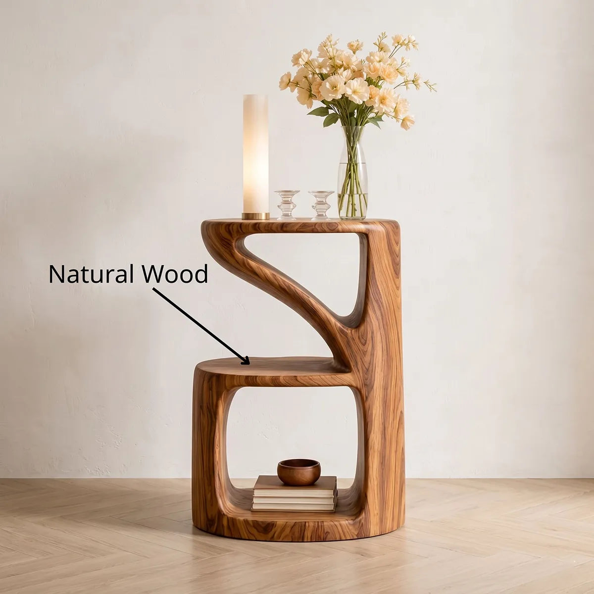 Handcrafted Solid Wood Side Table Sculptural Open Shelf Accent Table