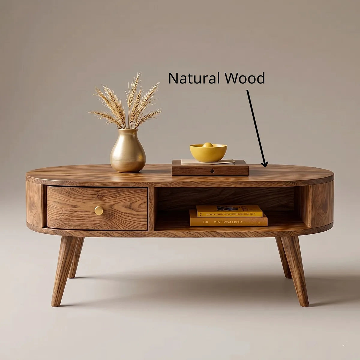 Mid Century Modern Solid Wood Oval Coffee Table with Drawer and Shelf