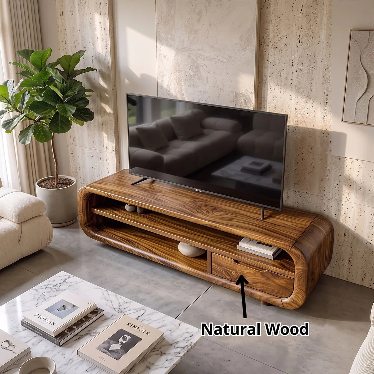 Modern Curved TV Stand with Open Shelves and Drawer | Low Profile Entertainment Console TH003-7VIY6HF