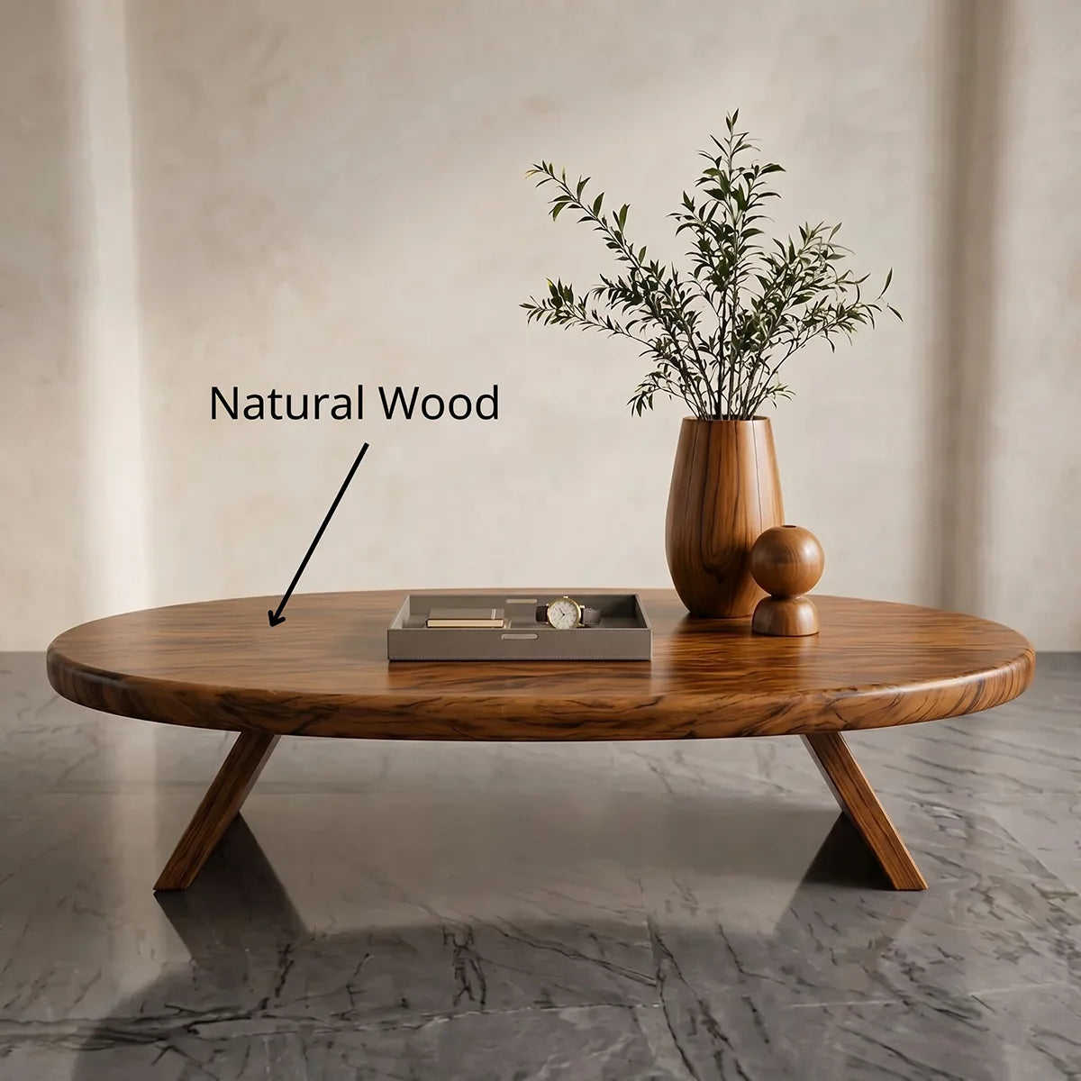 Modern Solid Wood Oval Coffee Table with Slanted Pedestal Legs