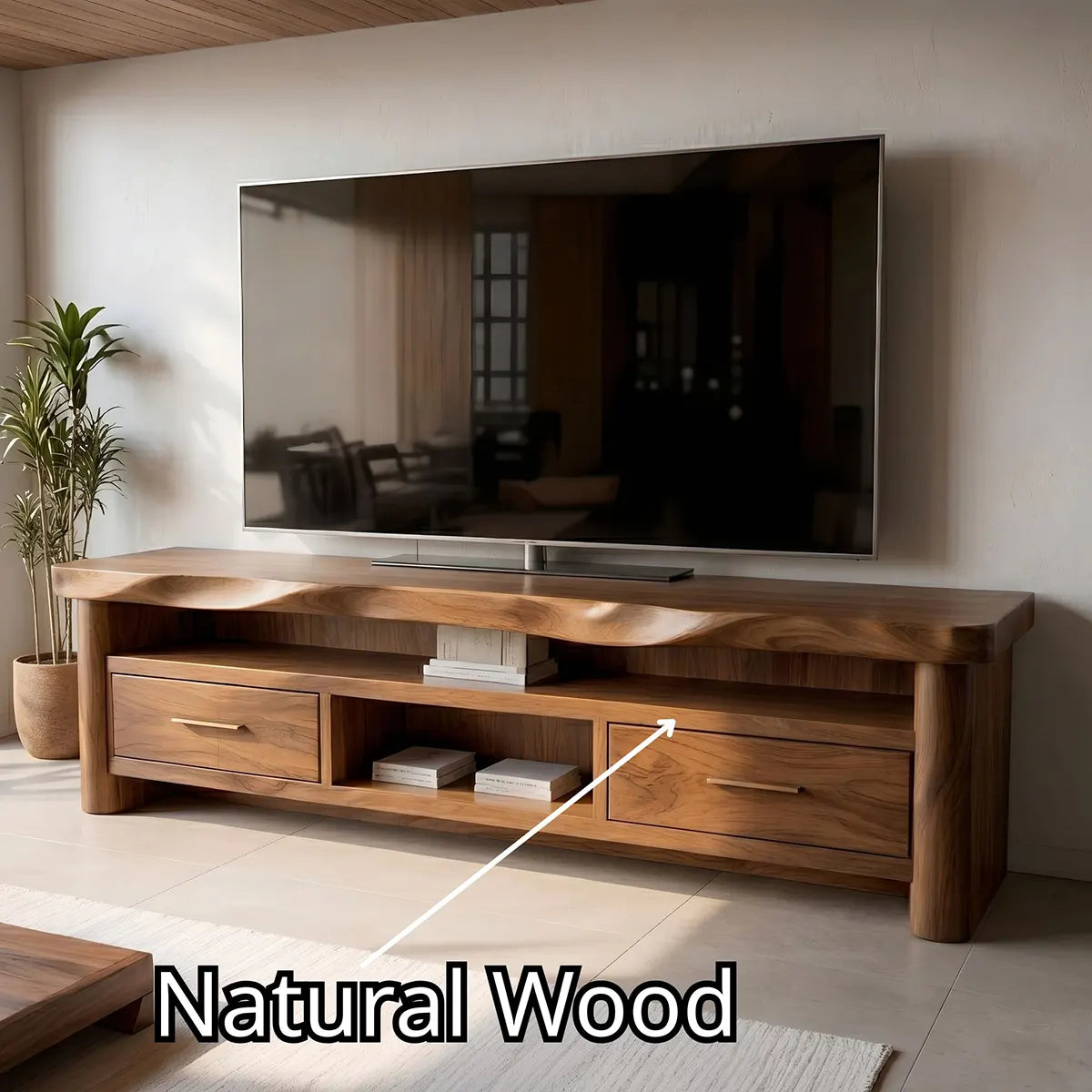 Modern Solid Wood TV Stand with Wavy Carved Top and Storage