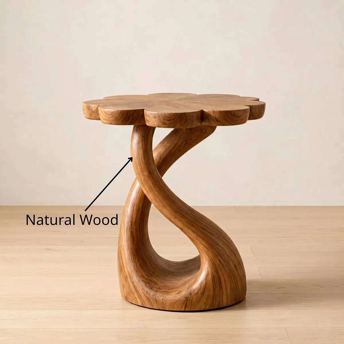 Flower-Shaped Wooden Nightstand With Sculptural Twisted Base