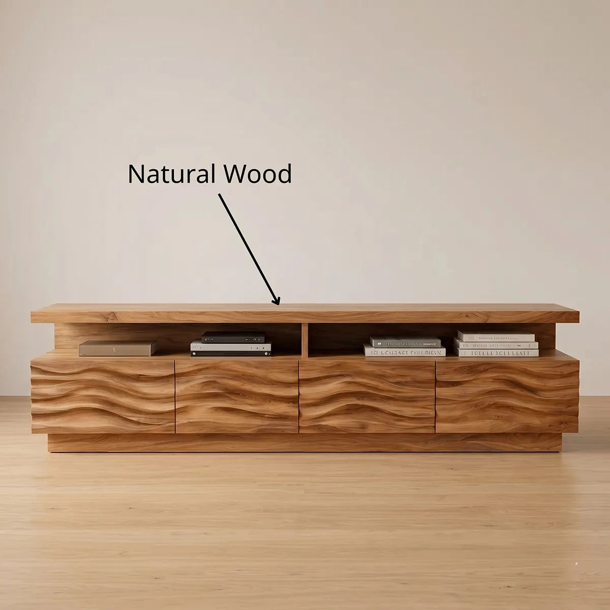 Wave Front TV Console with Open Shelves and 4 Drawers