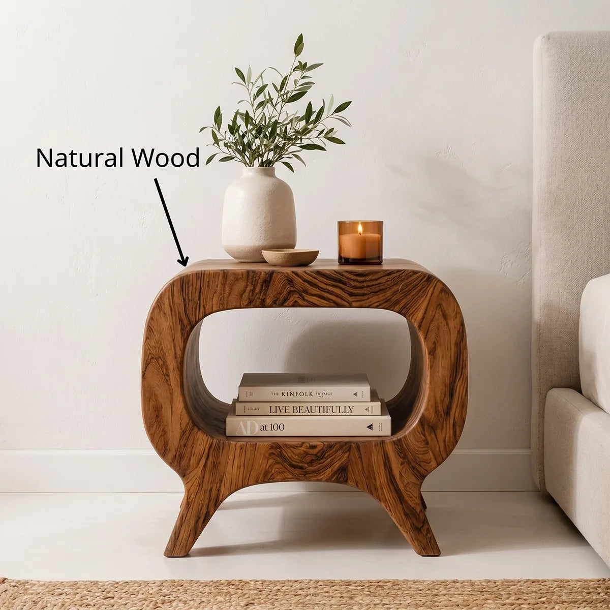 Solid Wood Nightstand with Open Shelf Storage