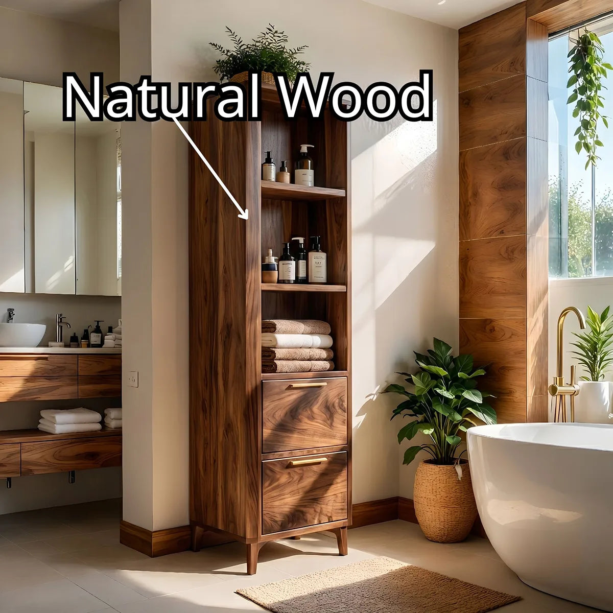 Tall Solid Wood Bathroom Storage Cabinet with Shelves