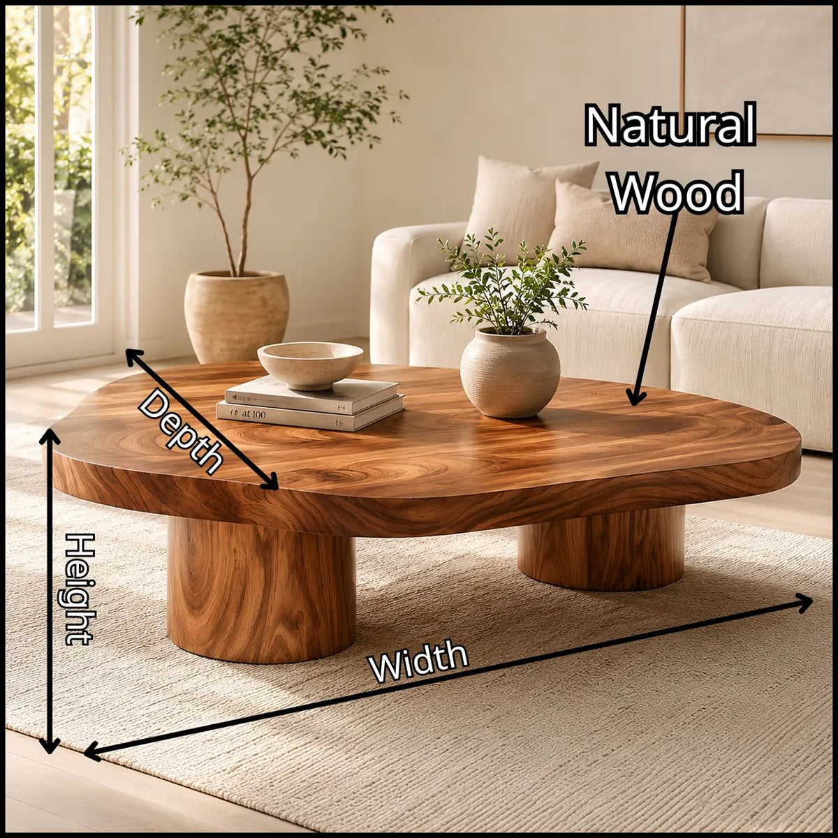 Organic Solid Wood Coffee Table | Freeform Hardwood Coffee Table with Dual Pedestal Base TT006-4716