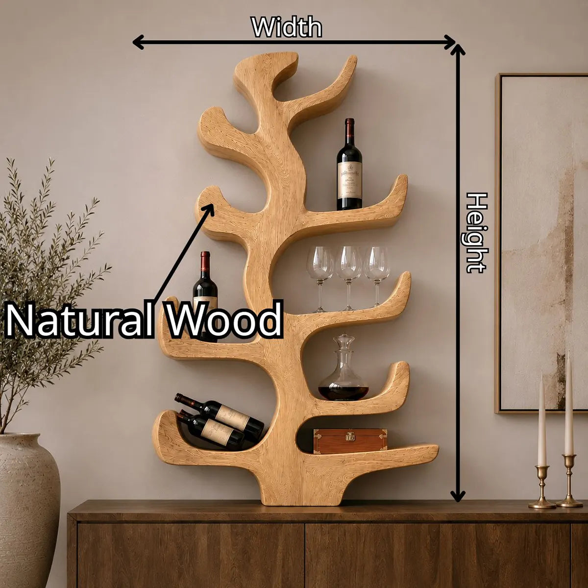 Sculptural Solid Wood Tree Wine Holder for Dining Rooms, Home Bars & Wine Lovers TT006-4348