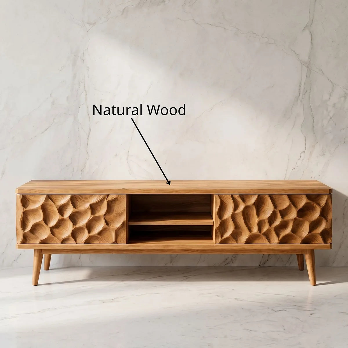 Sculpted Wood TV Stand with Open Center Shelves and Textured Doors