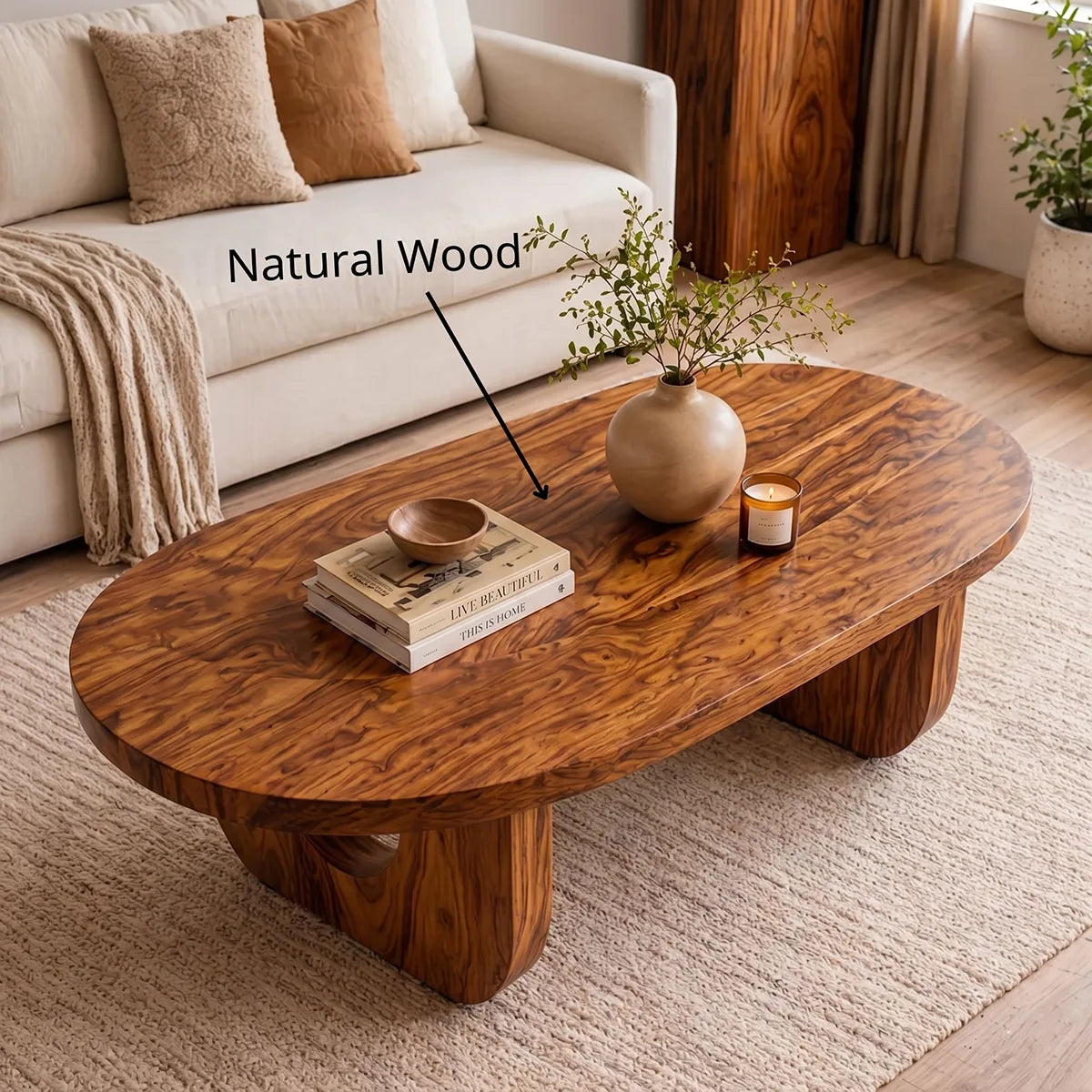 Modern Solid Wood Oval Coffee Table with Sculptural Cutout Legs