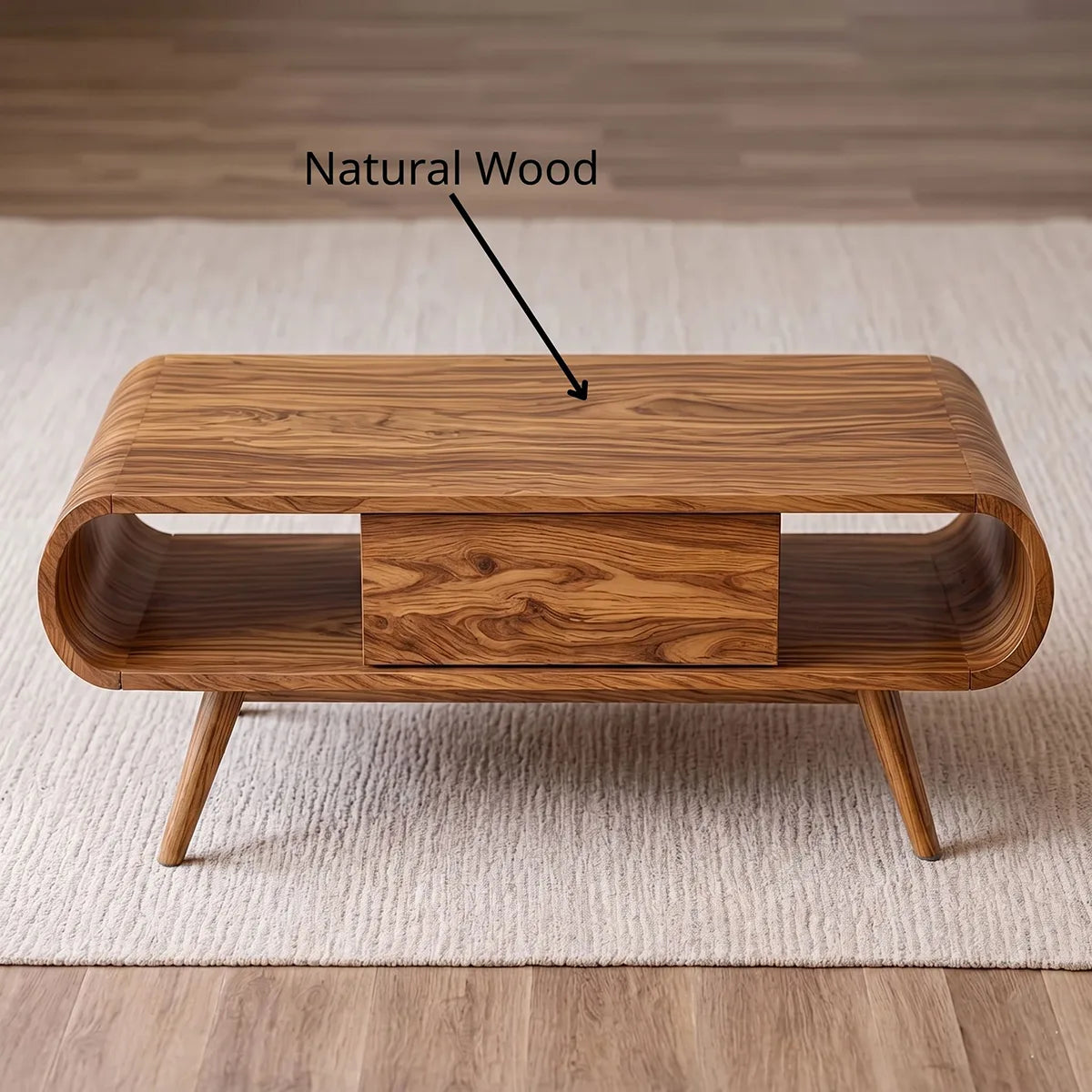 Mid Century Modern Solid Wood Curved Coffee Table with Storage