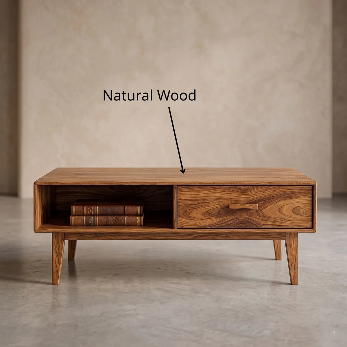 Mid Century Modern Solid Wood Rectangular Coffee Table with Storage