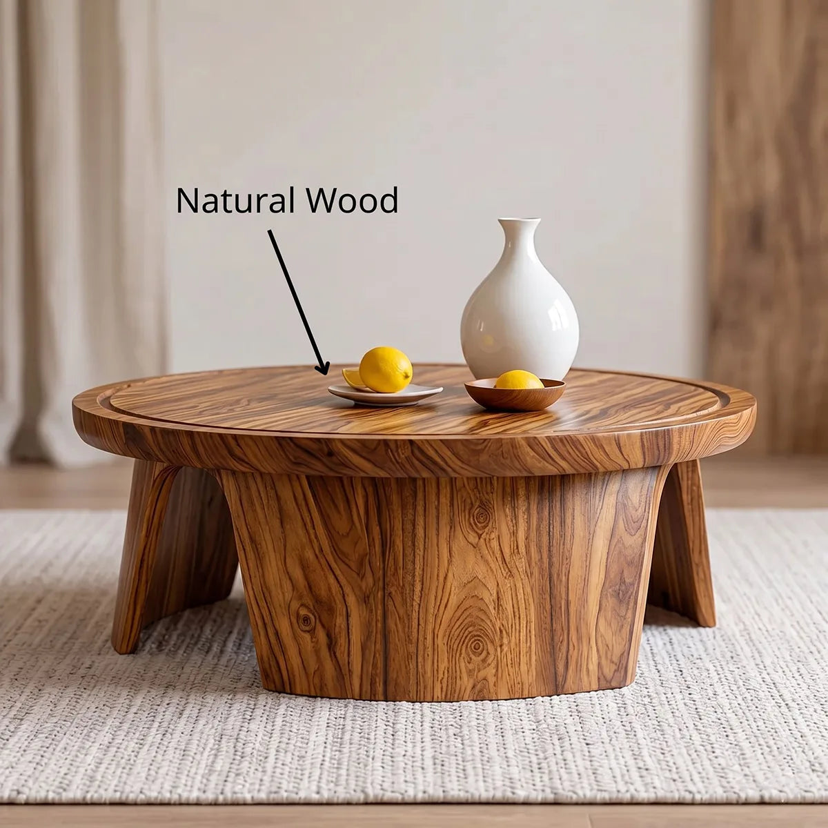 Solid Wood Round Tray Top Coffee Table Handcrafted Sculptural Living Room Table