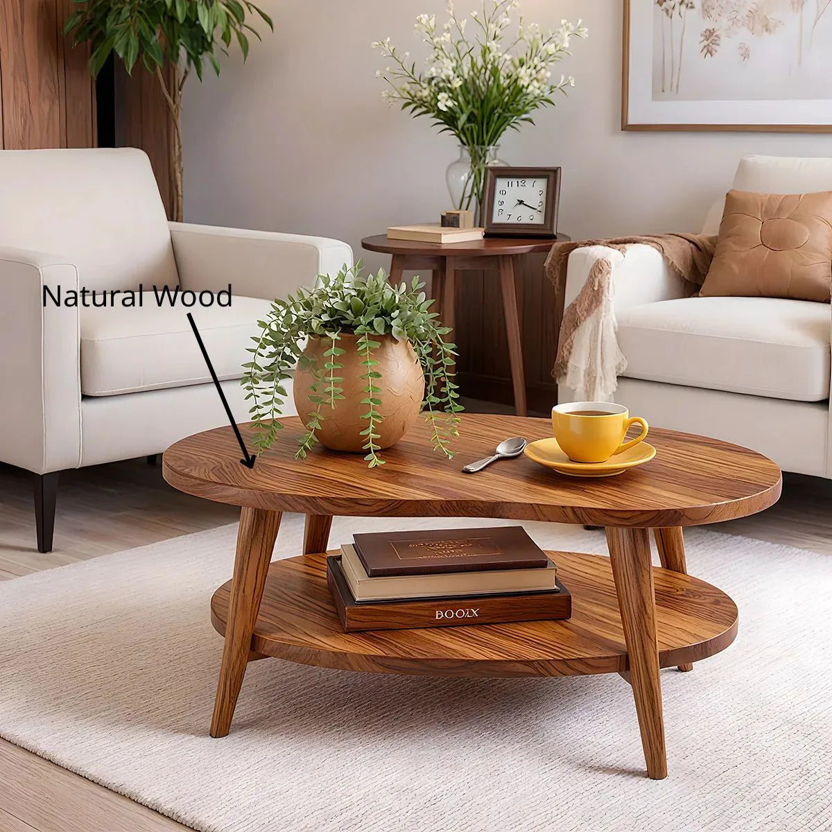 Mid Century Modern Solid Wood Two Tier Oval Coffee Table