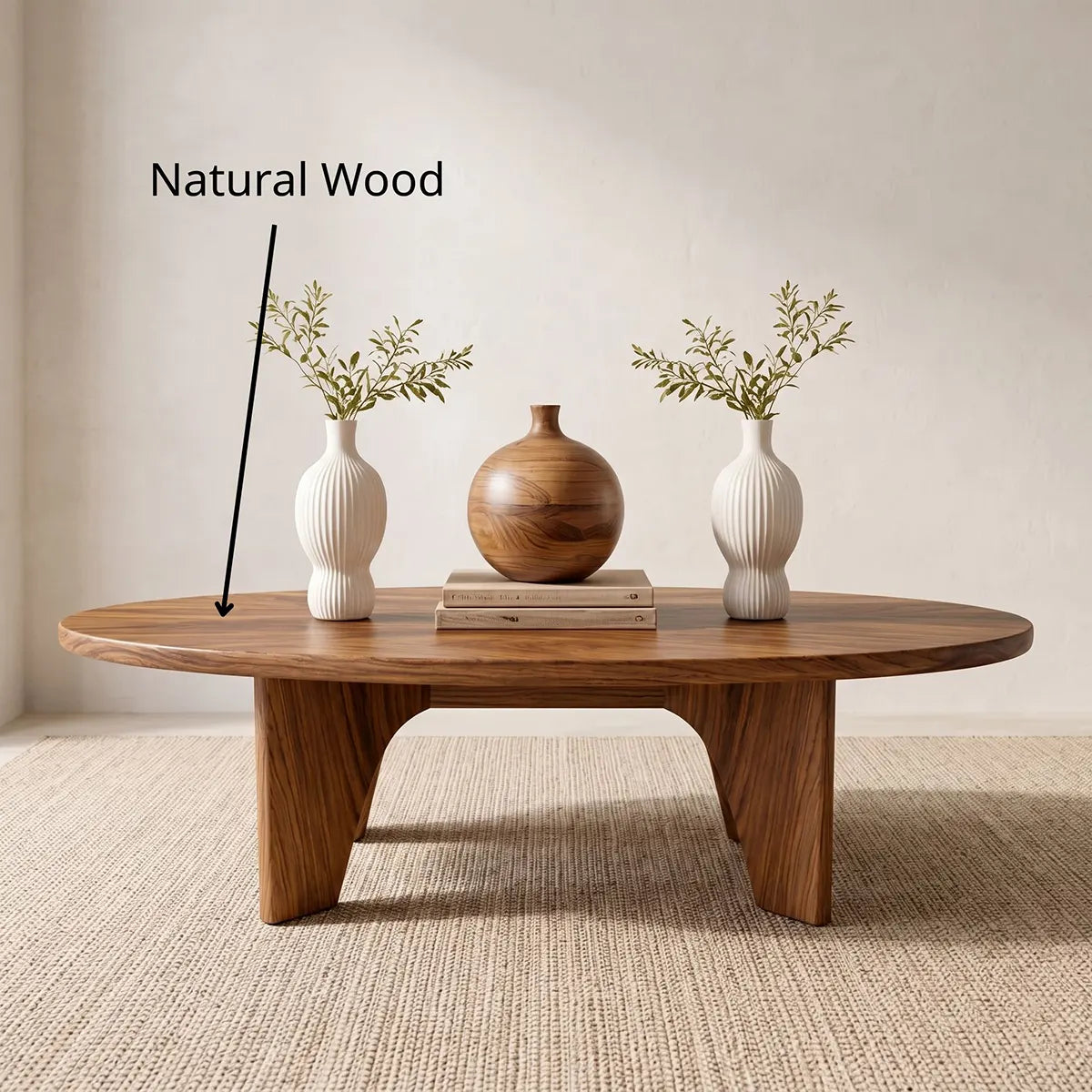 Modern Solid Wood Oval Coffee Table with Angled Slab Legs