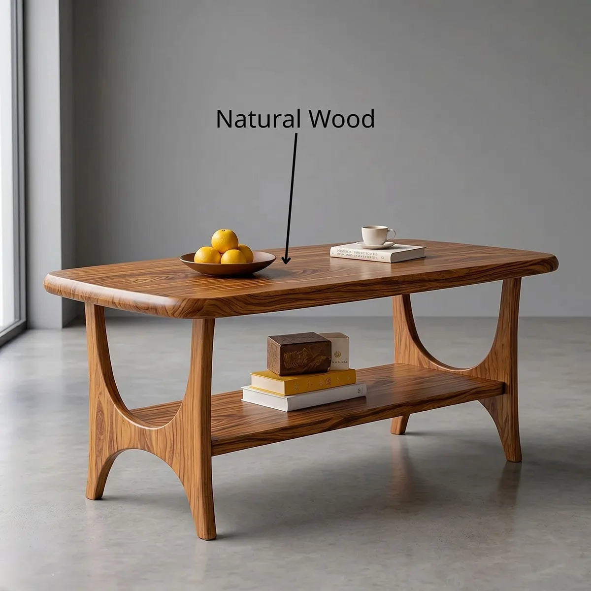 Mid Century Modern Solid Wood Rectangular Two Tier Coffee Table