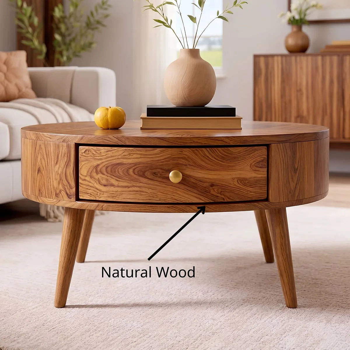 Mid Century Modern Solid Wood Round Drum Coffee Table with Drawer